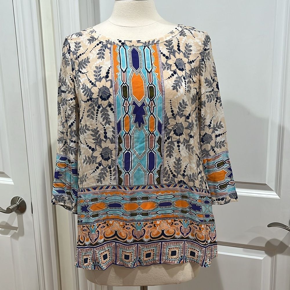 Anthropologie Maeve Floral 100% Silk Tunic Top Button‎ Back Size 6